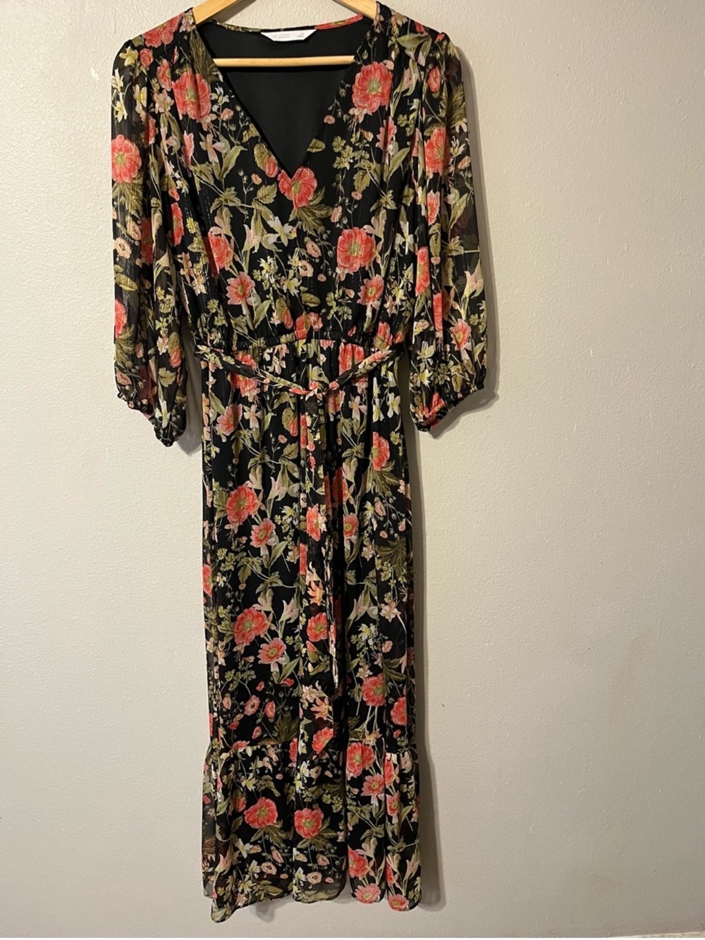 LC Lauren Conrad Black Midi Dress with Coral Floral Print